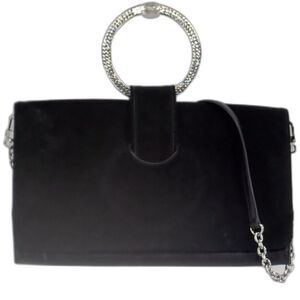 Diane von Furstenberg Black Clutch Bag Suede & Leather w/Strap Rhinestone Handle